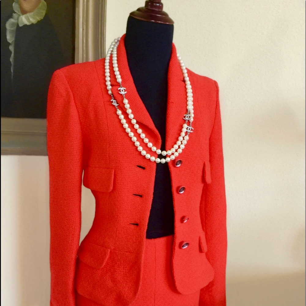 Chanel Red Orange 4 Pocket Suit Skirt Sz 34 US 2